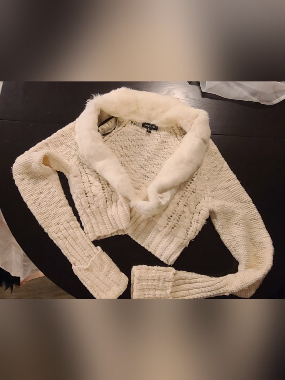Vintage Bebe Cream Ivory Wool  & Fur Knit Cropped Sweater, Large - Picture 4 of 10
